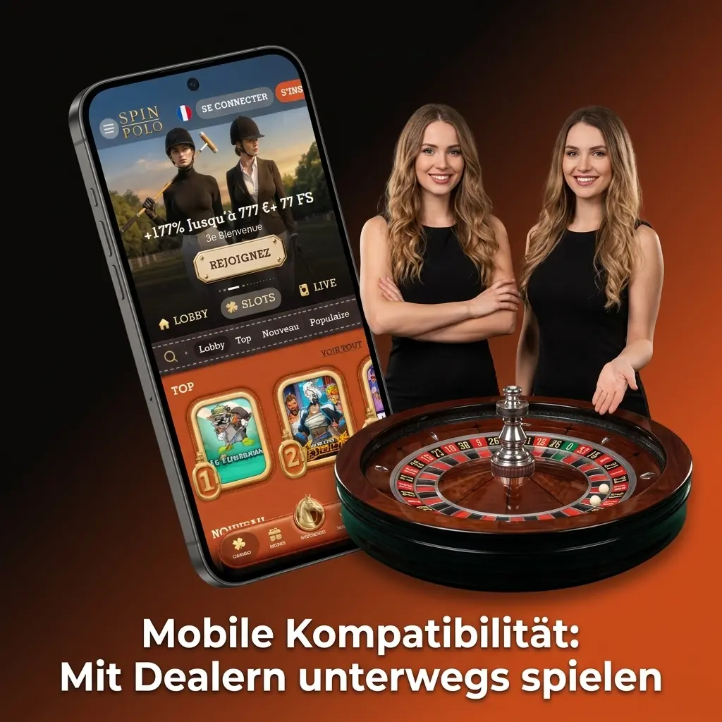 Smartphone zeigt Live-Casino-Interface von SPIN POLO mit Dealer-Stream in HD-Qualität und mobilem Chat